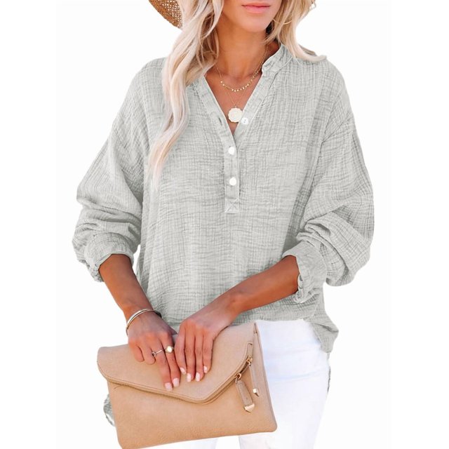 Womens Casual Button V Neck Long Sleeve Shirts Oversized Solid Blouses Tops Light Gray S