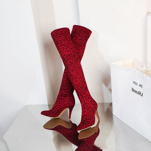 Tejiojio Fall Clearance Funny Leopard Print Pointed Toe Slim And Warm Super High Heel Over-the-knee Boots