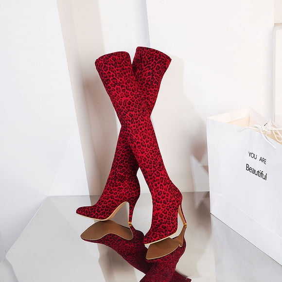 EGNMCR Women's High-Heels Over-the-Knee Boots Leopard Print Pointed Toe Slim And Warm Super High Heel Over-the-knee boots boots