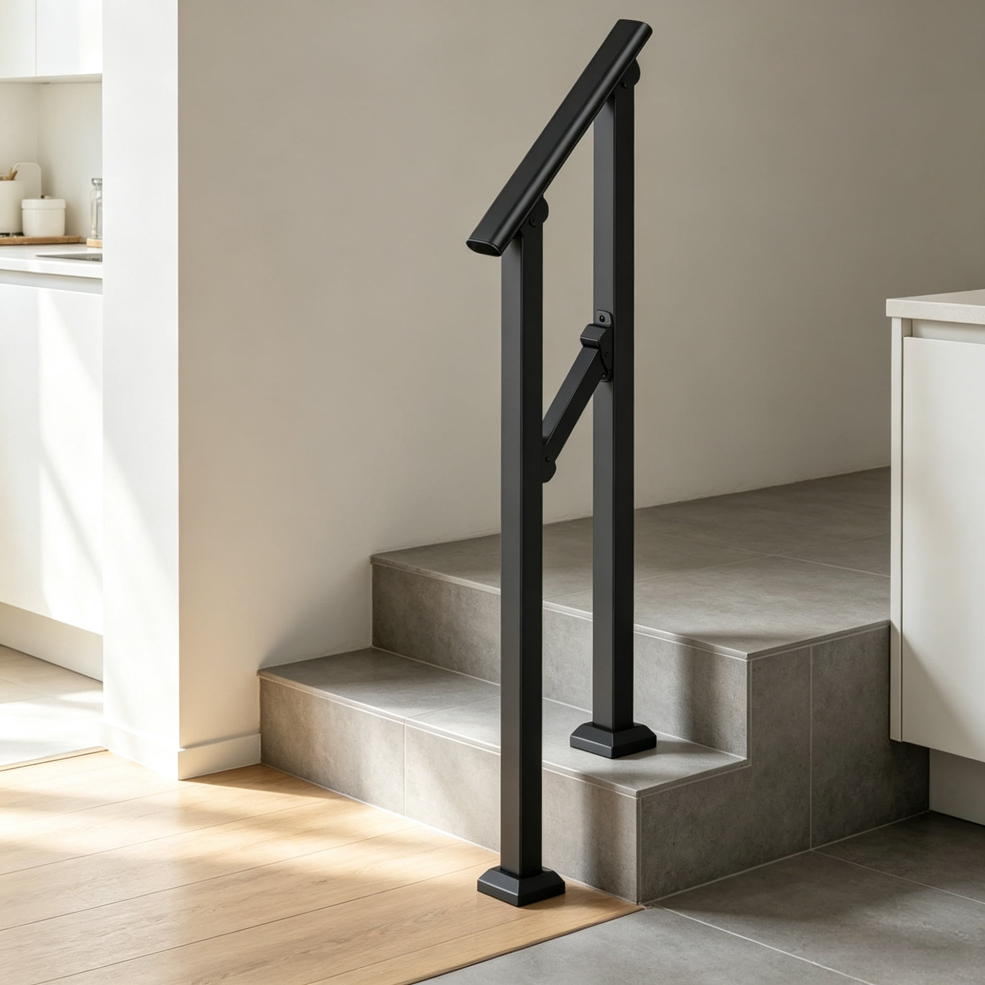 1-2 Step Stair Handrail Kit for Outdoor Steps, Black Square Tube Design, Stair Rails for Seniors, Concrete Steps, Porch & Deck