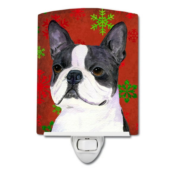 Caroline's Treasures SS4723CNL Boston Terrier Red Green Snowflakes Christmas Ceramic Night Light, 6x4x3", multicolor
