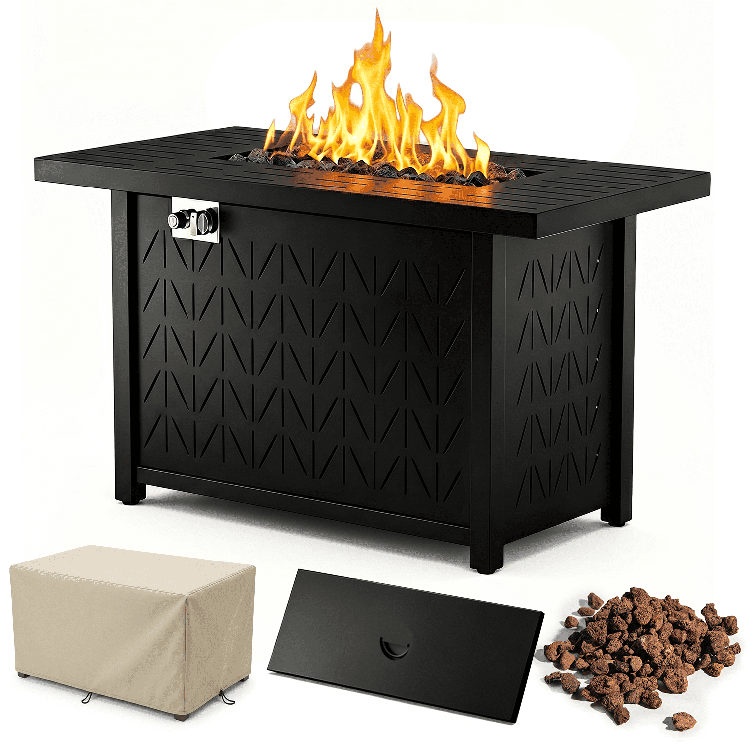 Vornel 43"Rectangular Propane Fire Pit Table,50000 BTU 2in1 Gas Firepit with Lid,Rain Cove,Glass Stones,Fire Table for Garden,Pool,Outdoor Party