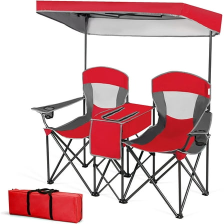 MIDDOW SILKYDRY Double Camping Chairs, Folding Loveseat Camp Chairs w/Adjustable UV Protection Shade, Cup Holders, Cooler & Carry Bag, 2-Person Portable Beach Chairs for Picnic, Fishing, Hiking (Red)