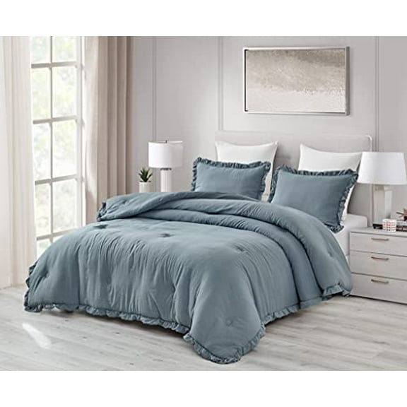 Chezmoi Collection Nora 3-Piece Ruffled Edge Trim Soft Washed Microfiber Comforter Set (Full, Dusty Blue)