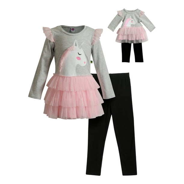 Dollie & Me Unicorn Ruffle Tulle Top and Legging, 2Piece Outfit Set