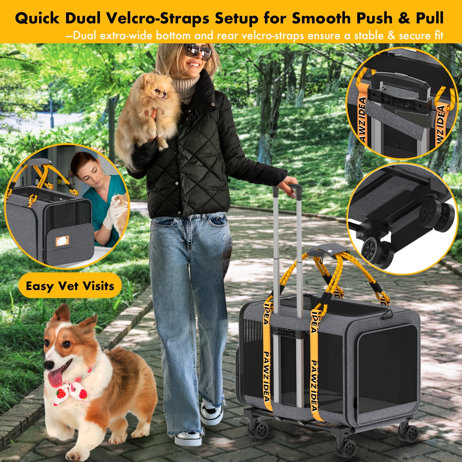 PAWZIDEA Expandable Large Pet Carrier with Wheels, 24x16x16 in Rolling Cat Carrier for 2–4 Cats up 55lb, Soft-Sided Collapsible Small Medium Dog Crate for Car Travel, Telescopic Handle