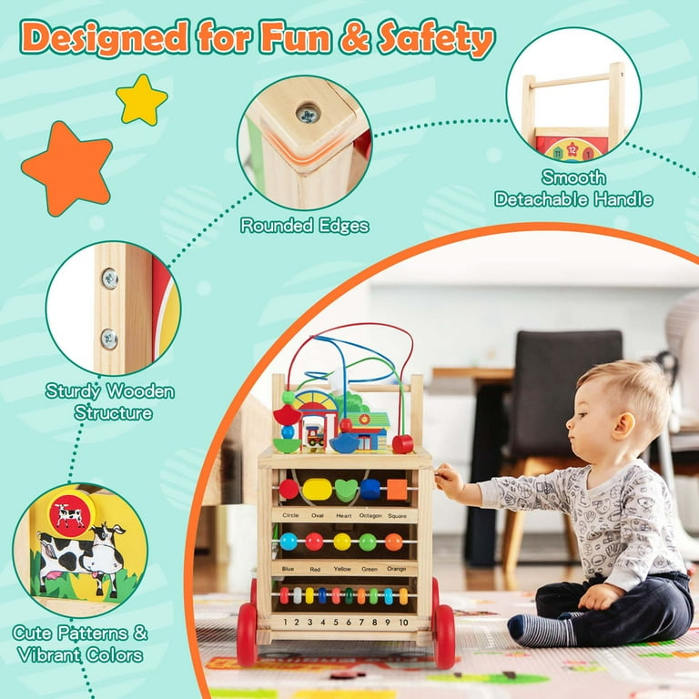 Costway 6 in 1 Baby Push Walker Wooden Activity Cube Center Learning Educational Toy