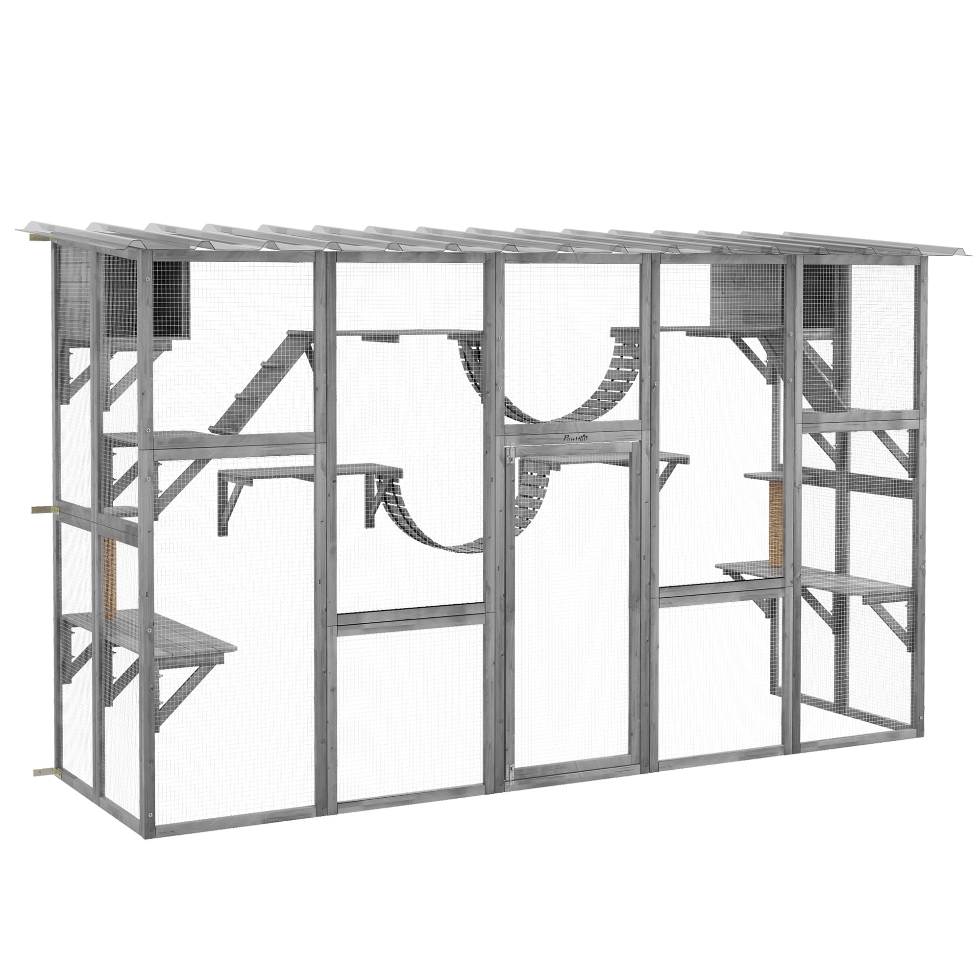 PawHut Catio Playground Outdoor Cat Enclosure, Wooden Outdoor Cat House Weatherproof for Multiple Cats, Shelves & Bridges, Gray