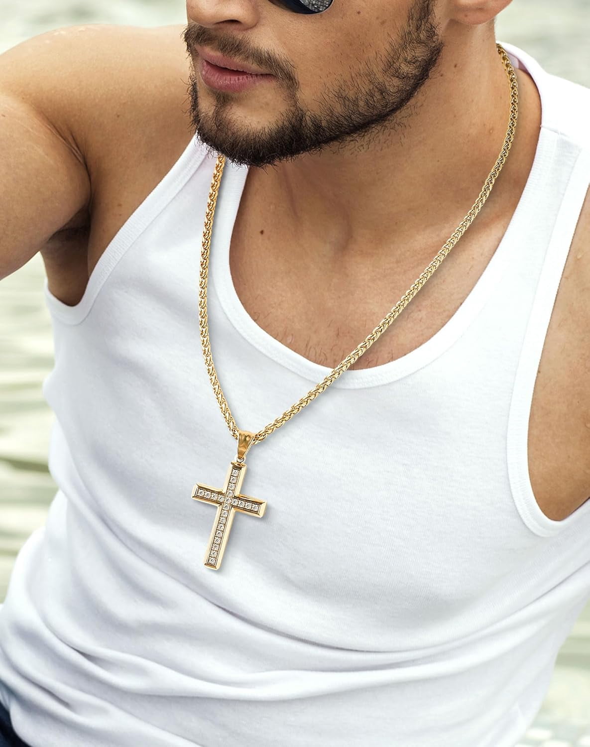 Leander Stainless Steel CZ Cross Necklace Men Women - 18K Gold Plated 5A+ Cubic Zirconia Crucifix Pendant - Christian Religious 3mm Rolo Chain Jewelry Present