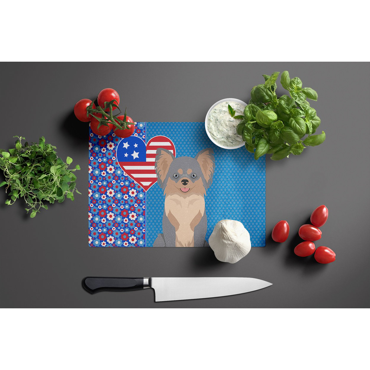 Longhaired Blue and Tan Chihuahua Glass Cutting Board Large 12 in x 15 in