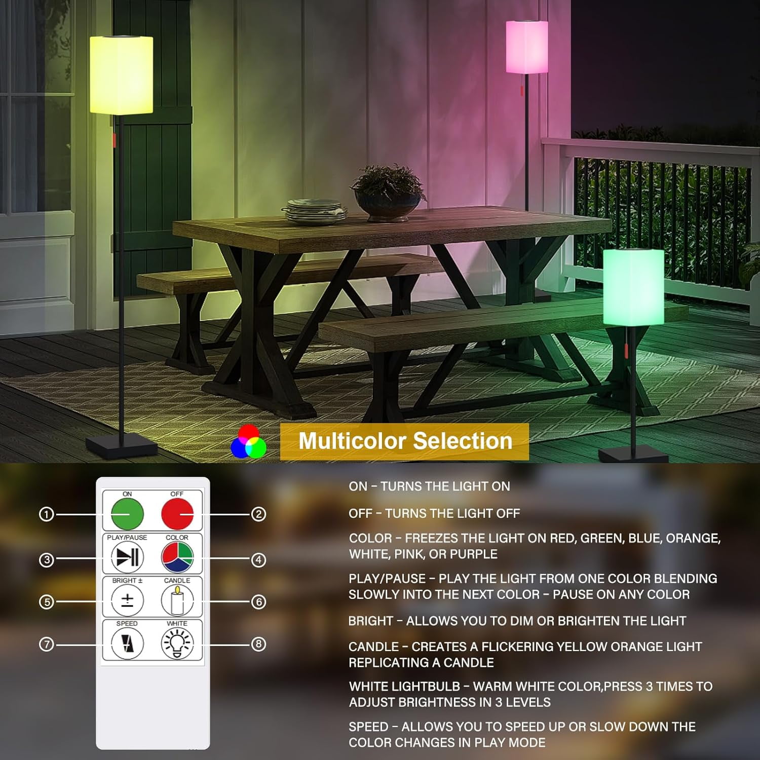 Postlucky 59" Solar LED Floor Lamp Dimmable with Remote Control, RGB Color, USB Charging, Cuboid Shade