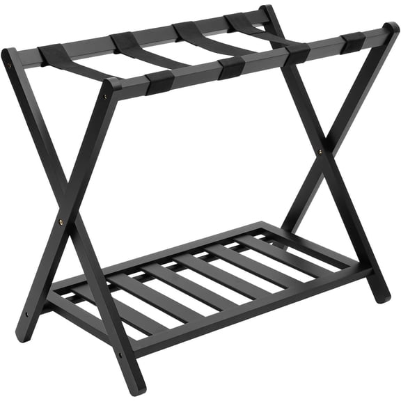 Folding Suitcase Stand with Storage Shelf, Double layered Luggage Rack, Large Luggage Holders for Guest Room Bedroom, Hotel, Holds up to 220lbs (Black)