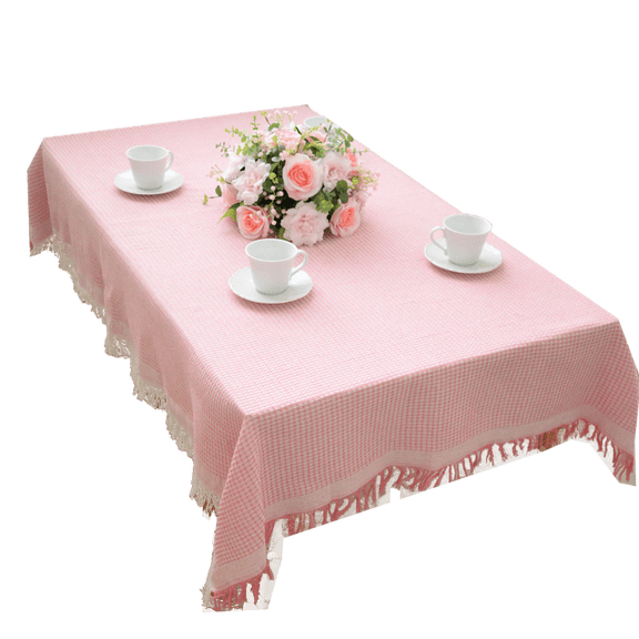CSFL Pink Linen Tablecloth Rectangle Table, Gingham Tablecloths Cotton, Washable Table Cover with Two-color Tassel for Farmhouse Decor, Outdoor Picnic, Dining and Camping (71"x51", 6ft)