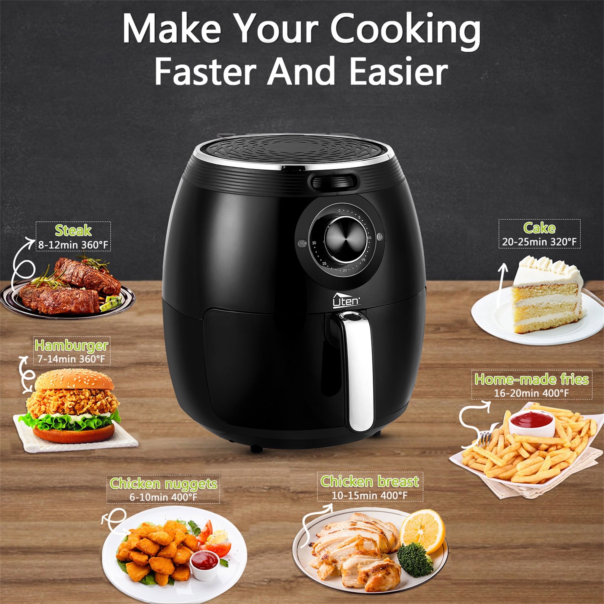 Uten 5.8 Qt Air Fryer, 1700 W 8-in-1 Oil-Free Air Fryer with Nonstick Basket, Black