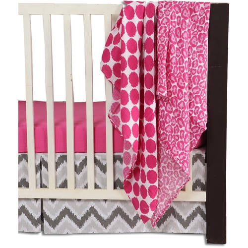 Bacati - Ikat Leopard/Dots/Damask 4-Piece Crib Bedding Set with 2 Muslin Swadling Blankets, Pink/Grey