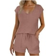 thumbnail image 2 of Viluyesy Tops Elastic Waist Short Pants 2PC Women V-Neck T-Shirt and Shorts Set Comfortable Shirt and Shorts Sets Two PC Pink Size S, 2 of 9