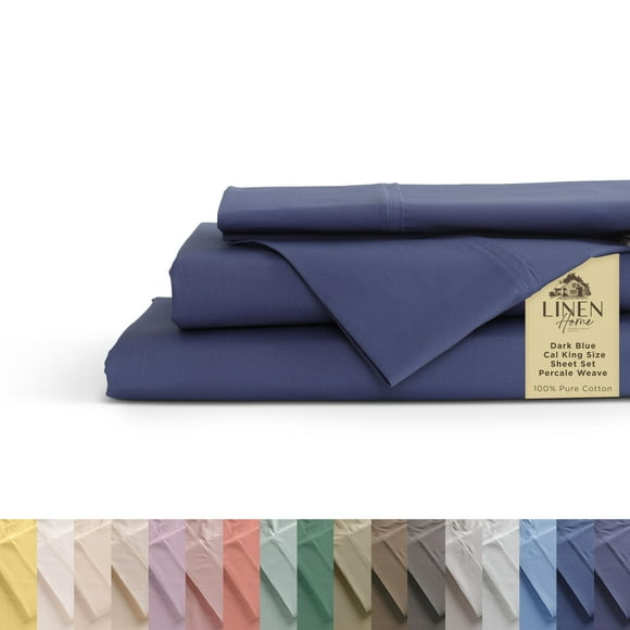 Draps en Percale 100 % Coton Taille California Très Grand, Bleu Foncé, Poches Profondes, Ensemble de Draps 4 Pcs - 1 Drap Plat, 1 Drap-Housse à Poches Profondes et 2 Taies d'Oreiller, Linge de Lit Frais et Solide