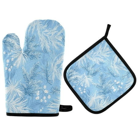 

Heat Resistant Oven Glove & Hot Pad Set Reusable and Washable Kitchen Combo for Baking BBQ Oven Microwave Light Blue Pine Leaves