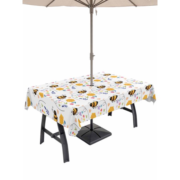 Outdoor Tablecloth with Umbrella Hole for Patio/Picnic/Party/Camping, Spring Bees Waterproof Table Cloth Rectangle Table Cover Washable, Cartoon Funny Animals Flowers Leaves Stripes (54"x 80")