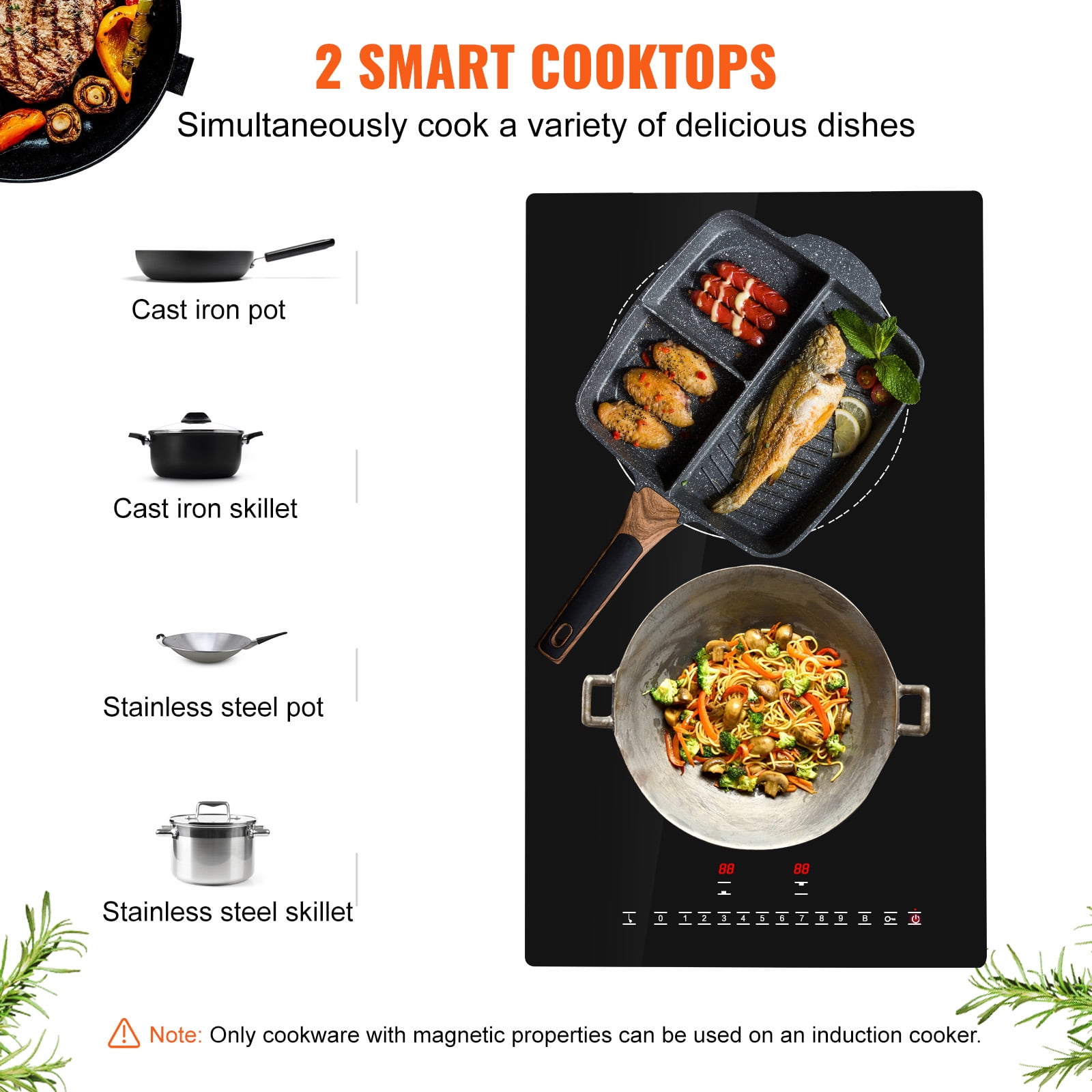 KFFKFF Induction Cooking Plate, Dual Burners, 12'' Magnetic Built-in Stove, 3000W Power, 9 Adjustable Heat Levels, LED Touch Display with Child Safety Lock & Overheat Protection