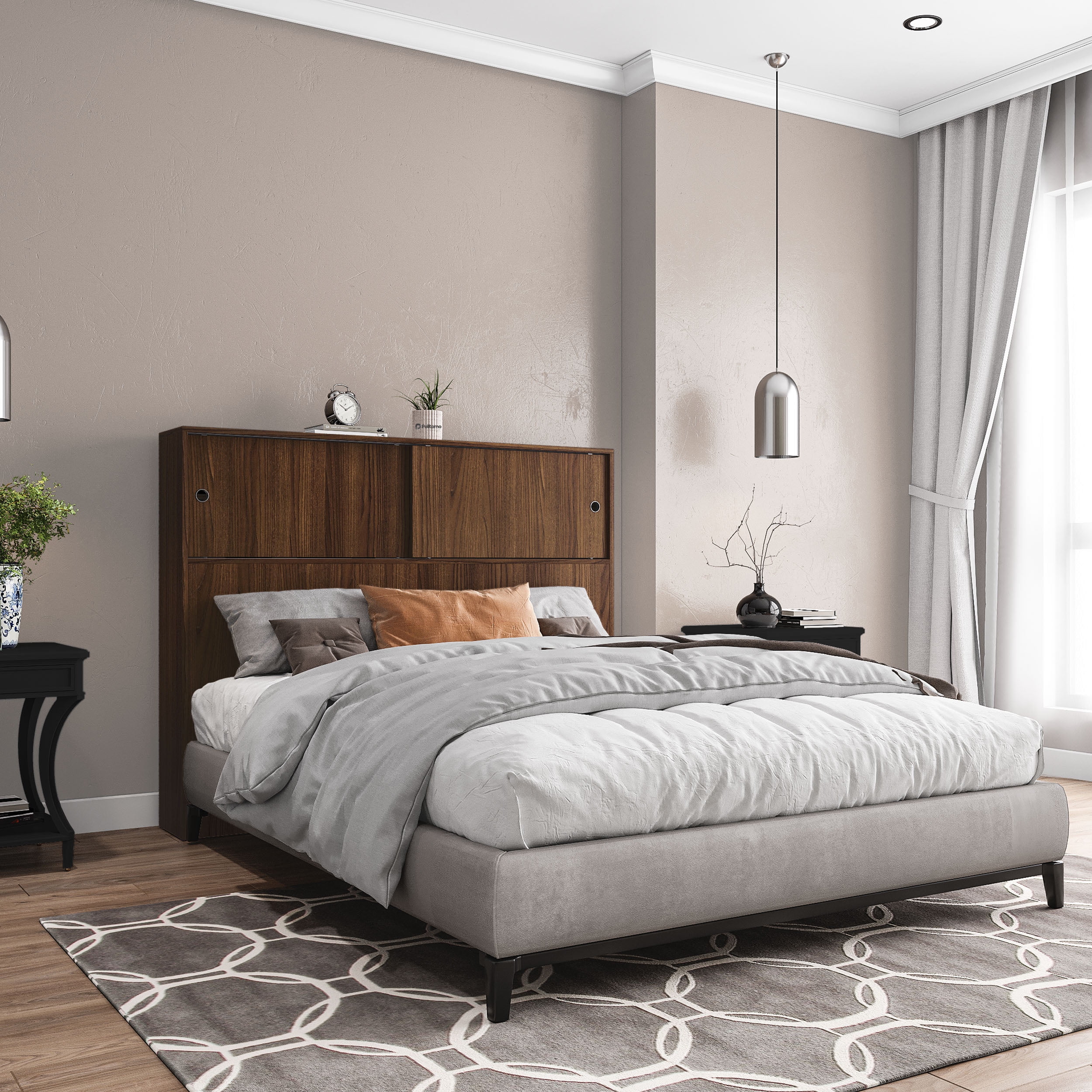 Polifurniture Victoria Full Size Wood Storage Headboard, Walnut