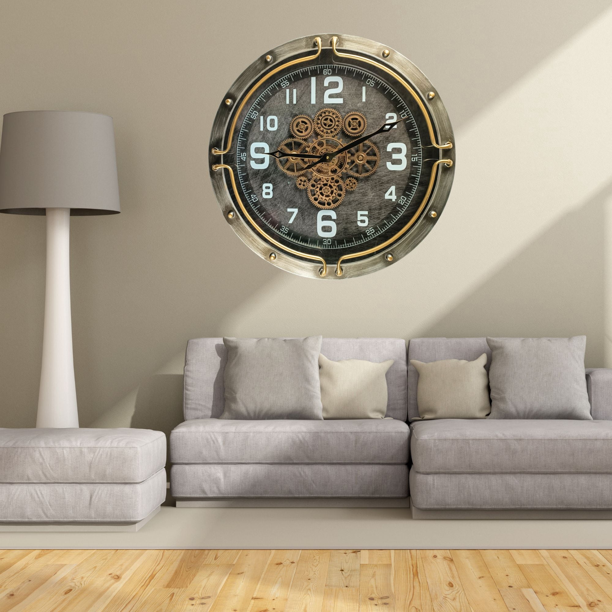 THE GEARS CLOCK Wall Clock with Real Moving Gears LU-LI_ 24 in Round SILVER-GREY