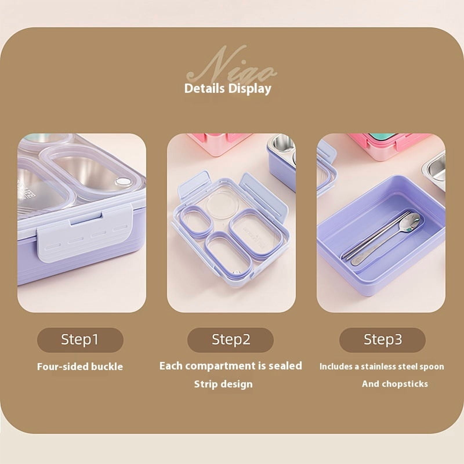 Stainless Steel Adults Bento Box Leak-resistant Lunch Box Containers Snack Containers 3-Compartment Snack Tray Soup Bowl with Lid Spoon Chopsticks Dishwasher Safe green