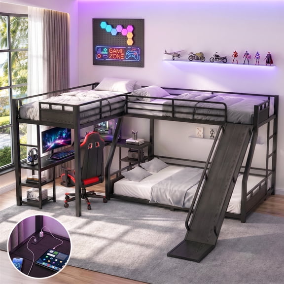 Aukfa Metal Triple Bunk Bed with Desk, Shelves, USB Ports and Slide, Twin over Full Bunk Bed with a Twin Loft Bed for Kids Teens Shared Bedroom, Black