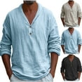 thumbnail image 2 of Miluxas Mens Linen Henley Shirts Long Sleeve Hippie Yoga Summer Beach Casual Henleys T-Shirt Black,Sky Blue,Beige, 2 of 9