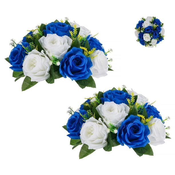 Silk Flowers Balls for Centerpieces 2 Pack Royal Blue & White Roses