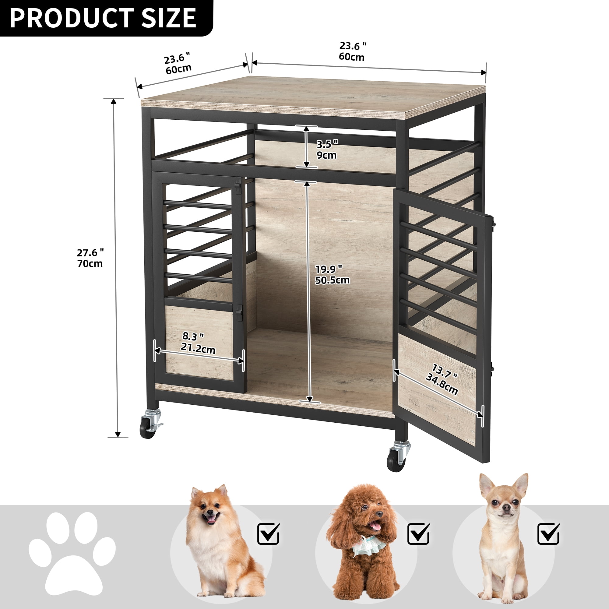Dextrus 23.6" Dog Crate Furniture Wooden Dog House with Wheels, Dog Kennel Indoor for Small Medium Dogs - Brown & Black