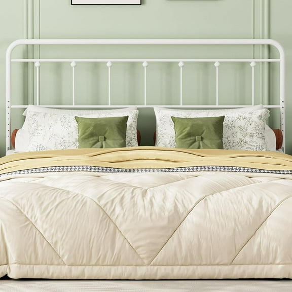 Metal King Size Headboard, Adjustable Height, Farmhouse Victorian Style, Steel King Headboard Only with Bed Frame Brackets Adapter, Easy Assembly, White