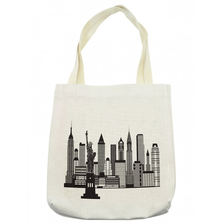 City Tote Bag Monochromatic Simple Design New York Skyline Statue of Liberty Print Cloth Linen Reusable Bag for Shopping Books Beach and More 16.5 X 14