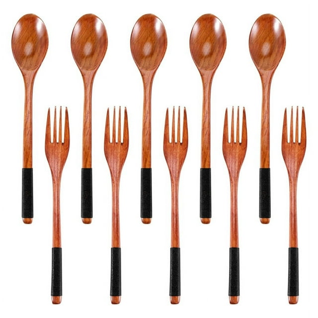 Juego de cucharas y tenedores de madera, utensilios de estilo japonés para comer, cubiertos de madera reutilizables (cordones negros, 10 piezas)