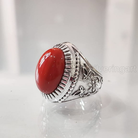 NEW Coral Mans Ring, Natural Red Coral Ring, Unisex Ring, Silver Jewelry, 925 Silver Ring, Birthday Gift, Heavy Mens Ring, Arabic Design, Ottoman Style Ring, Christmas, Turkey Mens Signet Ring