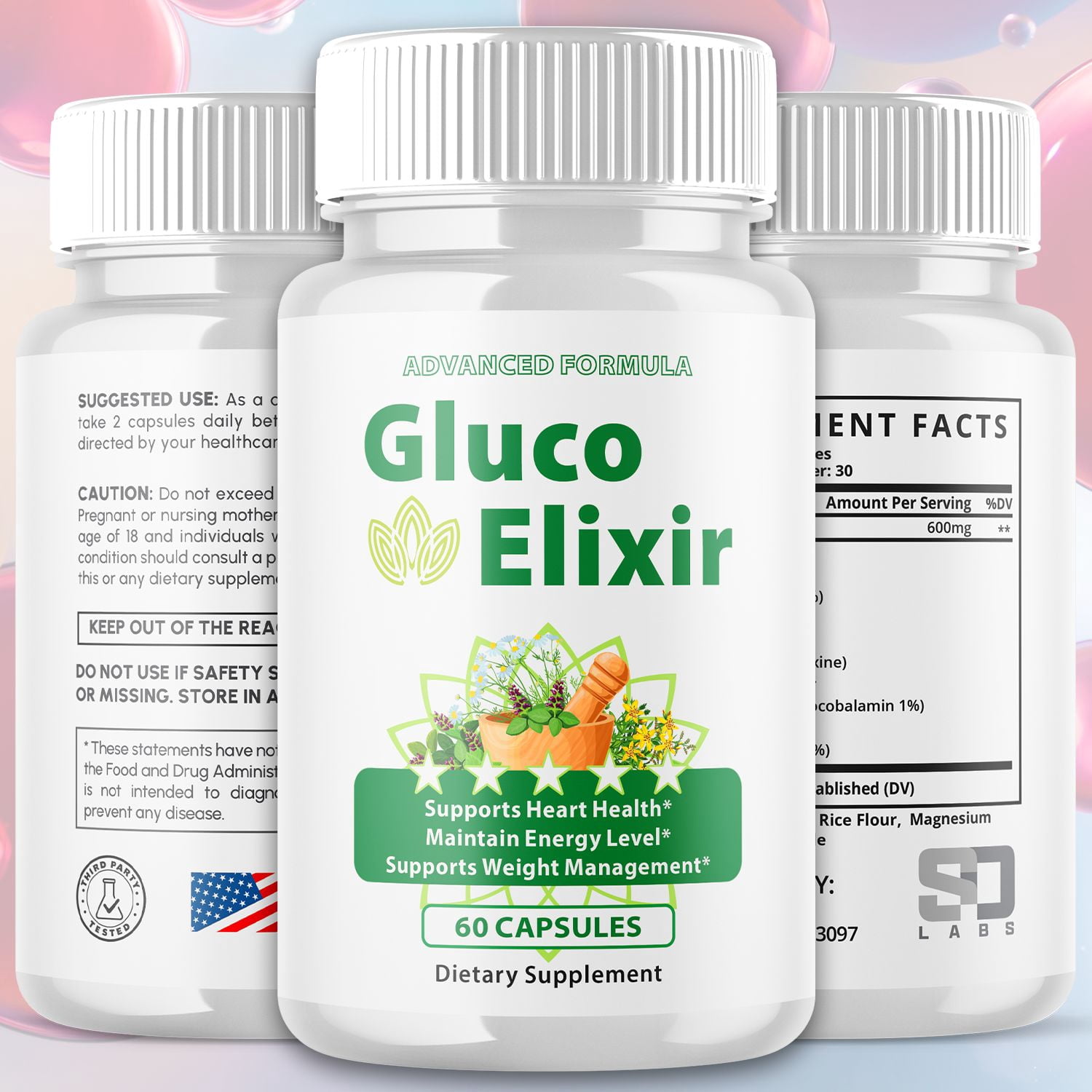 Gluco Elixir Blood Support Pills Advanced Formula Vitamin Supplement GlucoElixir 180 Capsules