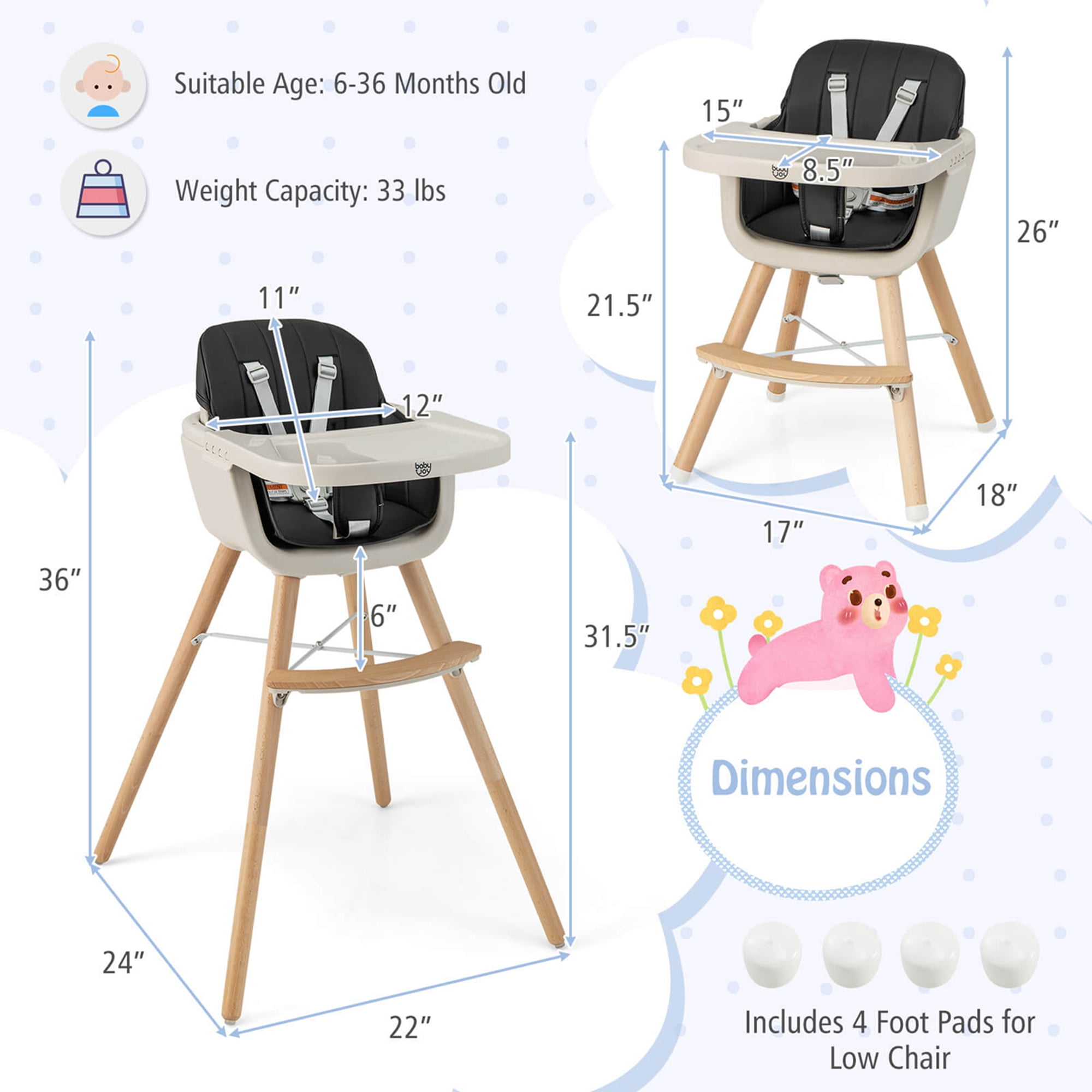 Babyjoy 3 in 1 Convertible Wooden High Chair Toddler Feeding Chair with Cushion Black