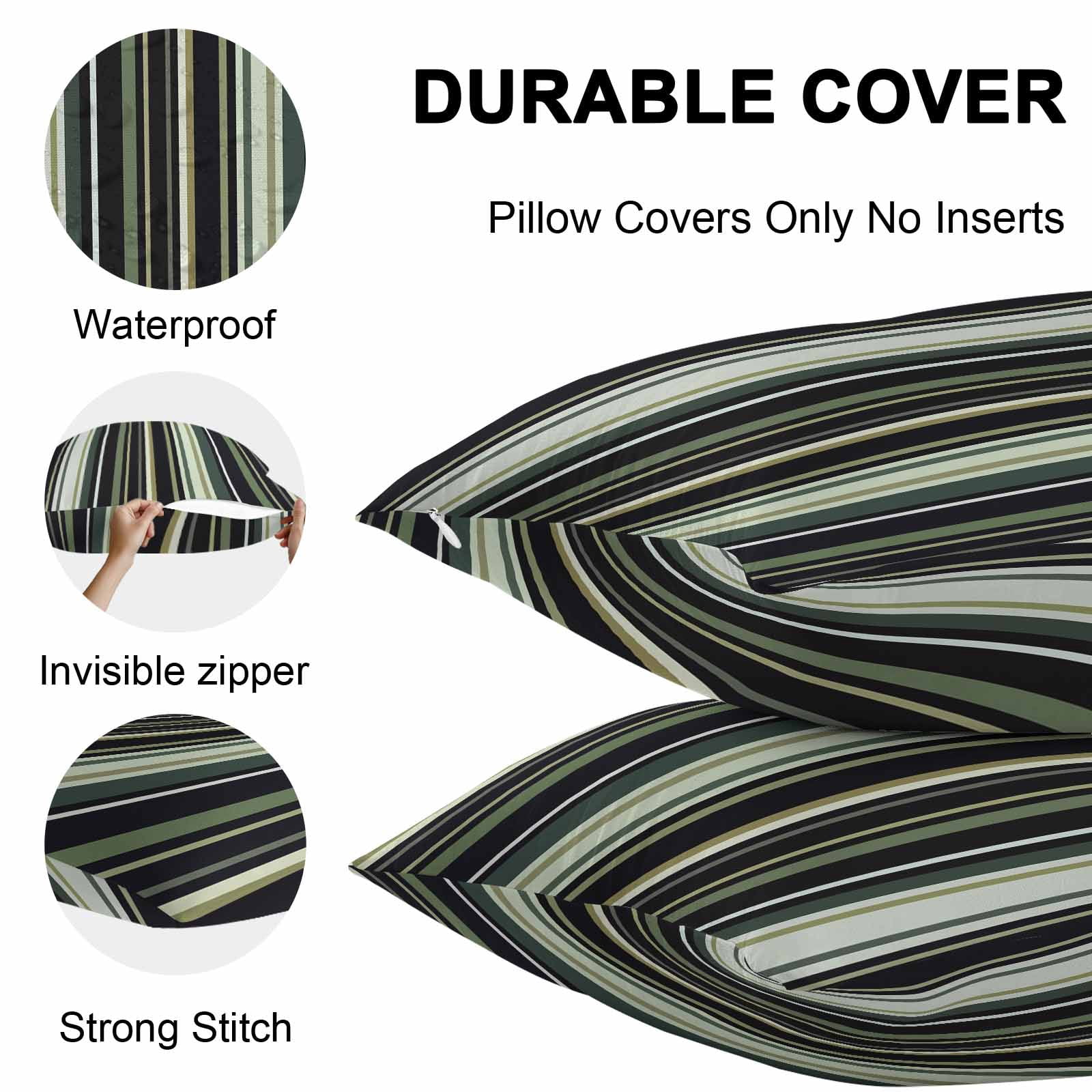 Black Green Outdoor Pillow Covers Set of 2 Stripe Waterproof Throw Pillow Case Decorative Square Cushion Cover for Patio Couch Garden Balcony, 18"x18"
