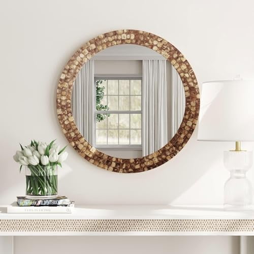 Round Wall Mirror with Coconut Shell Frame – 28.25" Handcrafted Boho Rustic Mirror for Bathroom, Living Room, or Entryway – Natural Brown Decorative Accent Mirror$$Electronics Accessories