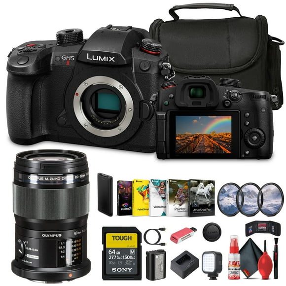 Panasonic Lumix GH5 II Mirrorless Four Thirds Camera with Added Olympus 12-60mm Lens + 64 GB Memory Card + P-Bank Battery + Carry Case + Cleaning Kit + Art Studio Software + More