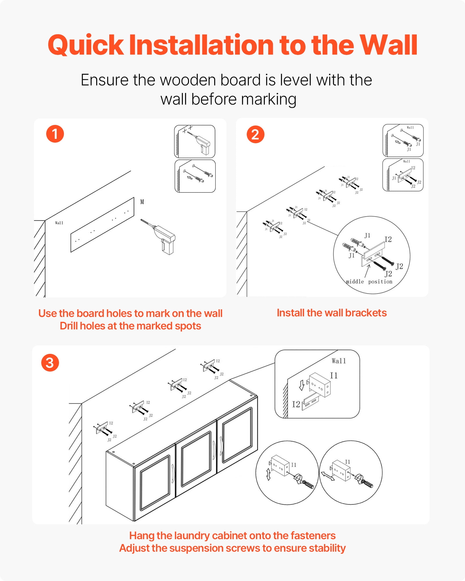 VEVOR Laundry Room Wall Cabinet, 2-Tier Wall Mounted Hanging Cabinet with Adjustable Shelf, Cupboard Storage with 3 Doors, for Kitchen, Bathroom, Laundry, 12.44 x 54 x 20.31 in (D x W x H), White