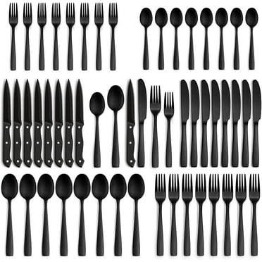 48-Piece Black Silverware Set for 8, with Steak Knives - Food Grade Stainless Steel Flatware Cutlery Utensil Set - Premium Mirror Polished Finish for Home Restaurant Daily Use