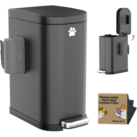 Dog Poop Trash Can Outside with Odor Control Lid & Step Pedal, 3.2Gal Stainless Steel Outdoor Trash Can, Waterproof Dog Waste Container - Includes 3 Carbon Filters & Bin Bag Holder