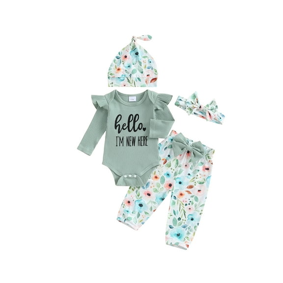 GuliriFei Coming Home Outfit for Newborn Baby Girl Letter Print Long Sleeve Romper with Flower Pants and Hat Bow Headband Set 4pcs
