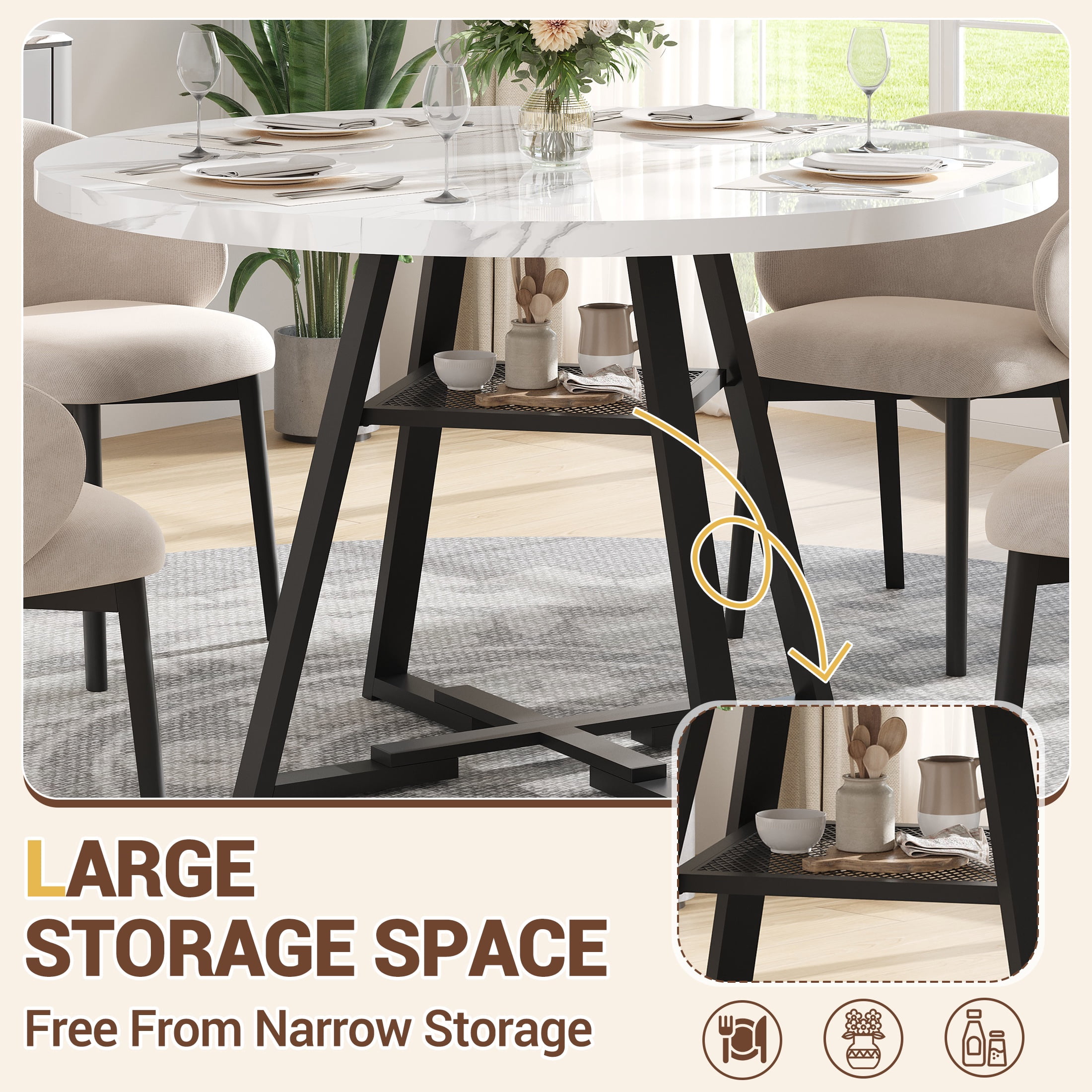 UHOMEPRO Round Kitchen Table for 4, Faux Marble Dining Table with Storage Shelf, Modern High Glossy Dining Room Table with Sturdy Cross-Shaped Base Support (Only Table), White