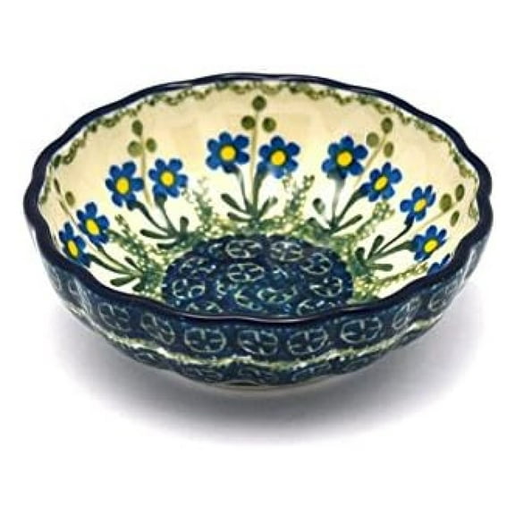 Polish Pottery Bowl - Shallow Scalloped - Small - Blue Spring