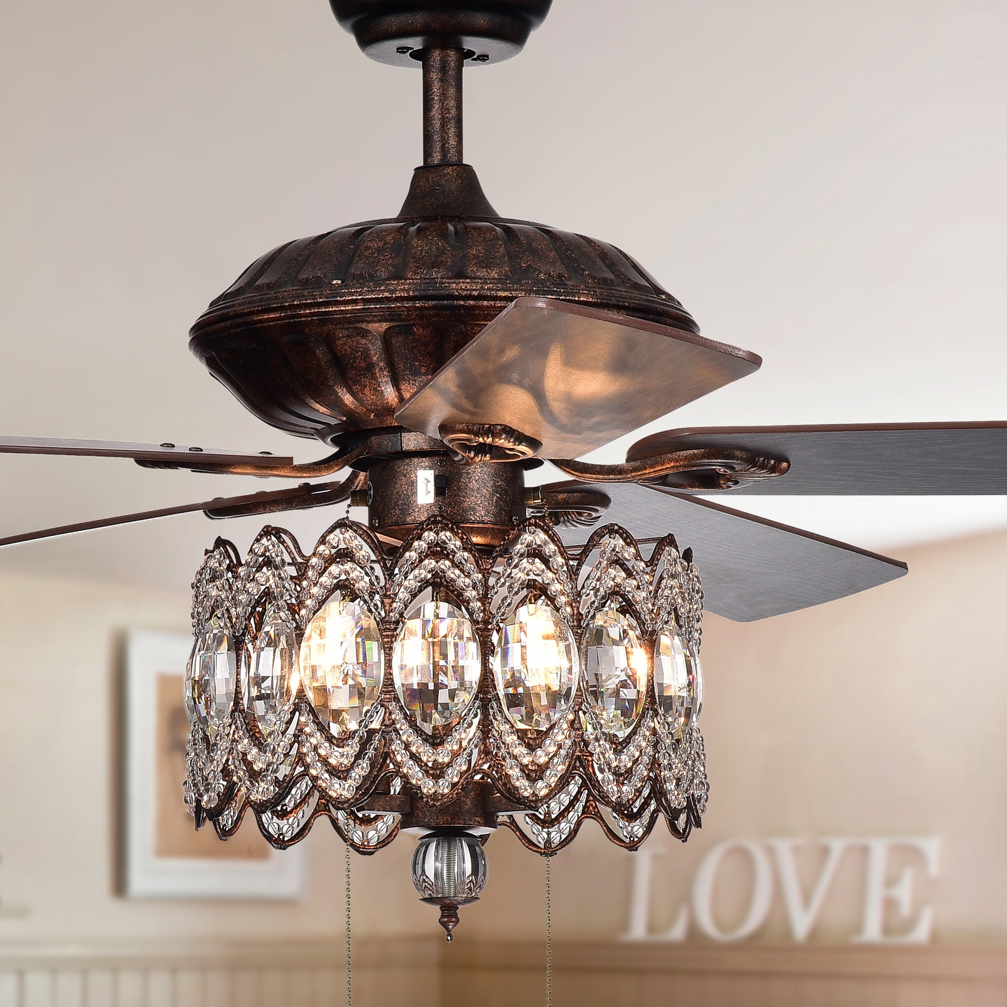 Mariposa 52-inch Rustic Bronze Chandelier Ceiling Fan with Crystal Shade