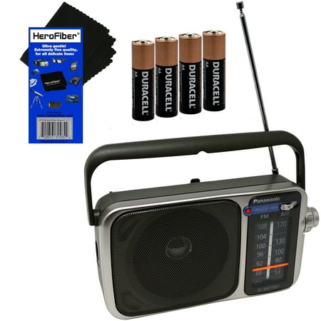 Panasonic Portable AM/FM Radio with Led Tuning Indicator + 4 AA Batteries + HeroFiber® Ultra Gentle Cleaning