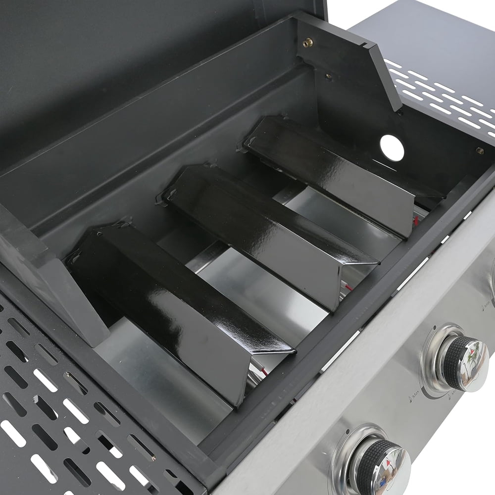 MIDODO 3 Burners Propane Gas Grill, Outdoor BBQ Stainless Steel Grill with Two Side Table & Thermometer, 2 Casters & Cover Lid