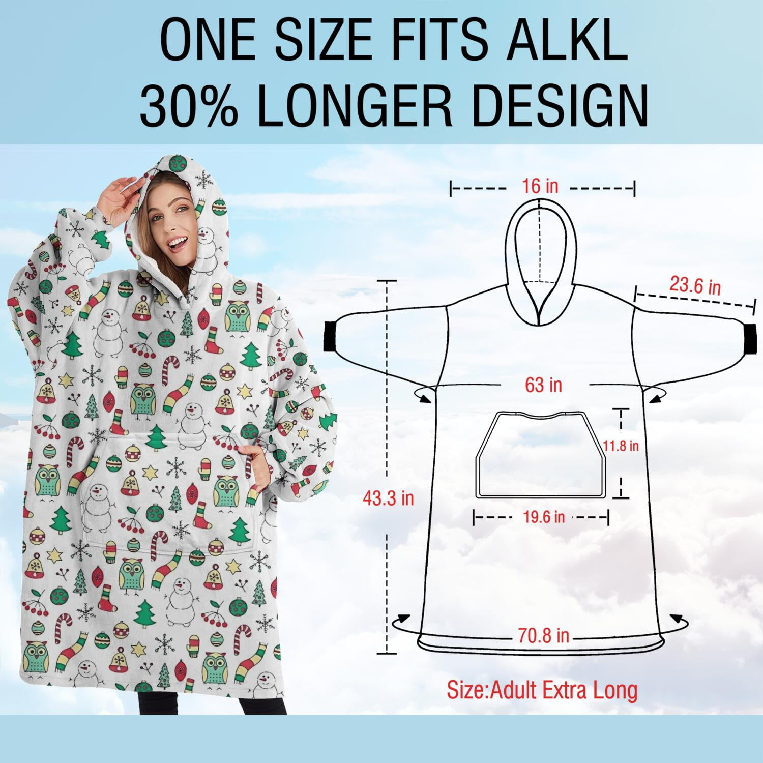 Oversized Wearable Blanket Hoodie,White Christmas Icon Pattern Sherpa Blanket Hoodie with Super Pockets,Super Warm Fuzzy Pullover for Women & Men